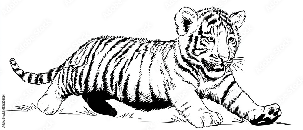 Obraz premium A black and white drawing of a tiger cub pouncing in a playful manner