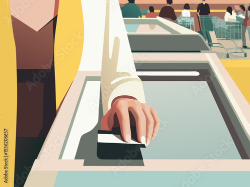 Customer paying with card at self checkout, supermarket, retail technology illustration