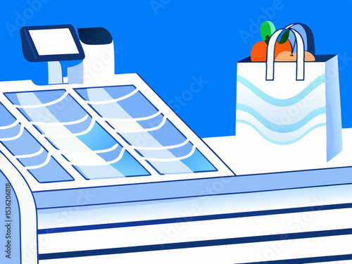 Supermarket checkout counter illustration, blue tones, for retail design