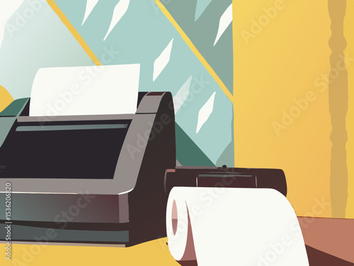 Point of sale system, receipt printer, and paper roll, in a minimalist style, for business applications.