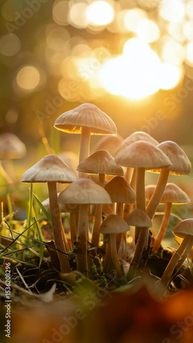 Cluster of small mushrooms growing on forest floor with warm sunlight and fall foliage in soft focus backdrop