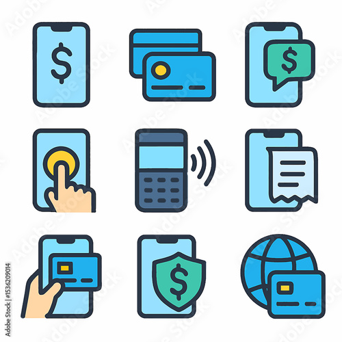 Mobile payment methods and online transaction icons.