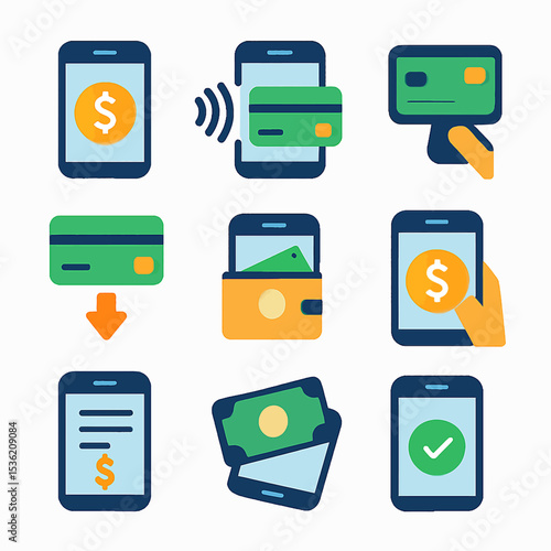Mobile payment methods: contactless, digital wallets, online transactions, and credit card processing.