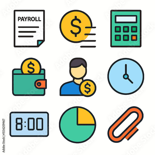 Nine colorful icons depicting payroll, money transfer, calculator, wallet, user, time, clock, pie chart, and paperclip.