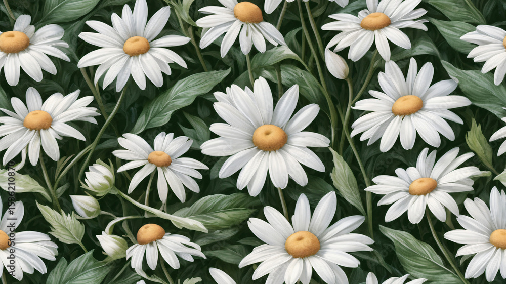 Fototapeta premium A beautifully arranged seamless daisy pattern with bright white petals and soft green foliage — ideal for spring-themed prints, fabric designs, or decorative backdrops.