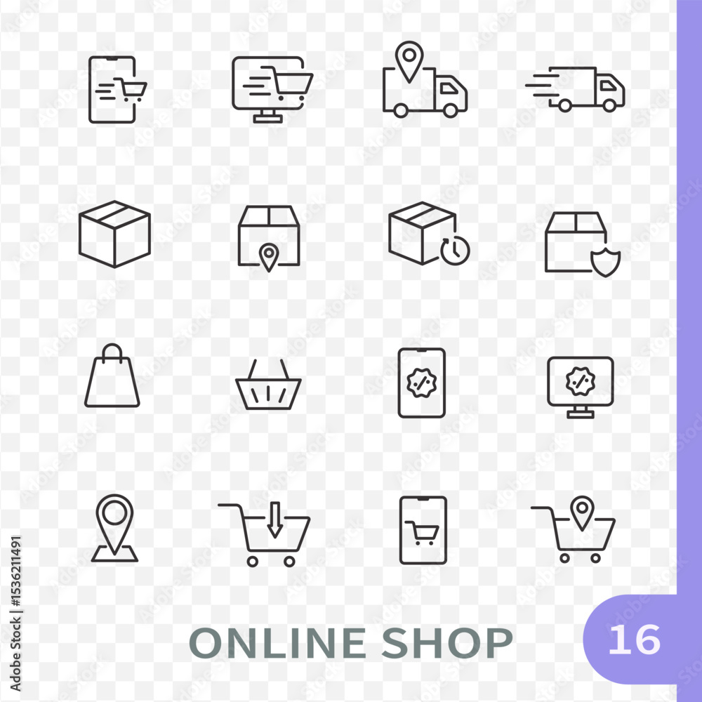 Set of 16 outline icons related to online shop. Linear icon collection. Editable stroke. Vector illustration Set of 16 outline icons related to online shop. Linear icon collection. Editable stroke. Vector illustration