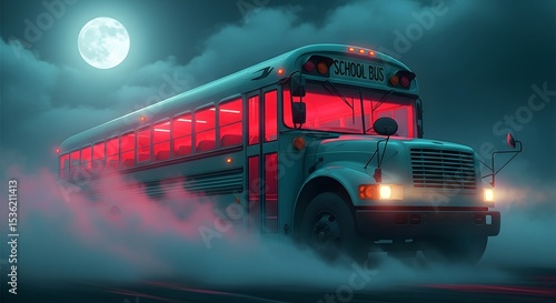 red bus in motion.Eerie School Bus Under Moonlight: A Foggy Night Drive.