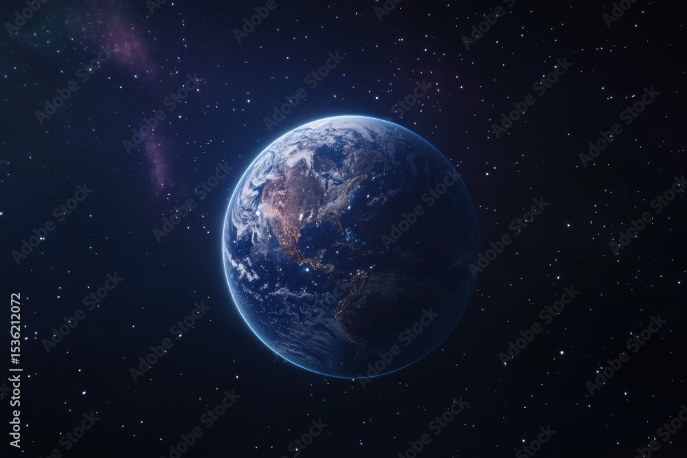 Naklejka premium Beautiful sunrise over planet Earth viewed from space captures a serene moment in the universe, Beautiful sunrise skyline Planet earth in space Some elements are from