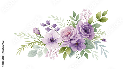 Beautiful purple rose bouquets with green eucalyptus leaves in watercolor style, perfect for wedding cards, decorative design, posters, and botanical themed projects