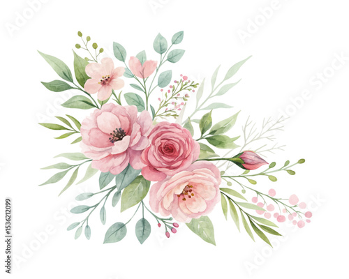 Stylish watercolor floral vector composition designed for covers, fabric, textiles, wrapping papers, wedding invitations, and seasonal decorative elements