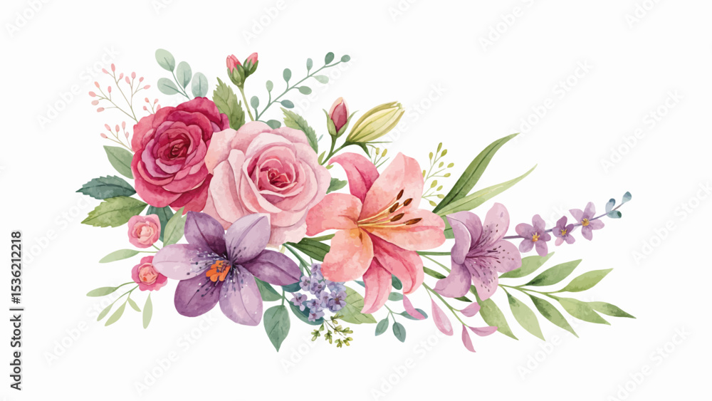 Fototapeta premium Abstract watercolor floral illustration with leaf and branch composition, perfect for wedding or greeting cards, featuring rose-inspired botanical design