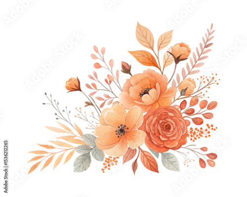 Botanical orange watercolor arrangements with wildflowers, floral bouquets, green leaves, and branches in an artistic and elegant hand-painted illustration