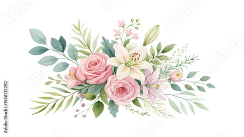 Vector illustration of pink and cream roses, peonies, hydrangeas, and tropical leaves for elegant floral designs perfect for weddings, invitations, or seasonal decor