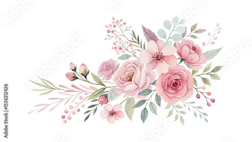 Delicate pink watercolor wedding floral design on white background featuring hand-painted leaves and soft petal details perfect for romantic and elegant creative projects