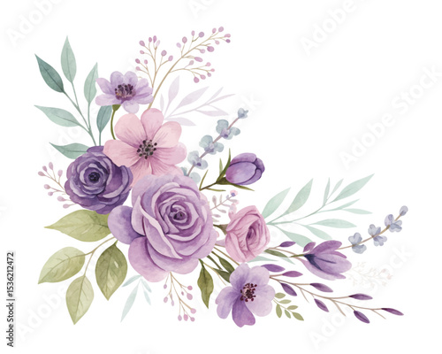 Elegant purple watercolor wedding invitation design with floral elements including roses, buds, and leaves, creating a romantic background ideal for cards, events, and text placement