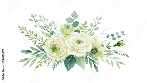 Watercolor floral arrangement of green and peach roses with botanical leaves, ideal for wedding cards, fabric prints, and logo compositions in a natural elegant decoration style