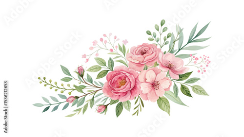 Watercolor floral arrangement featuring pink roses and botanical leaves in a delicate illustration style, perfect for elegant wedding cards, fabrics, and branding composition