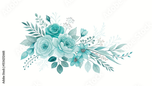 Watercolor floral bouquets of cyan roses and leafy botanical elements in soft decorative style for elegant wedding cards, fabric patterns, and romantic visual compositions