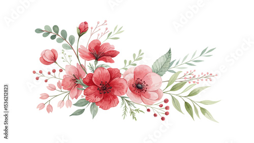 Watercolor flower design with pink and burgundy blooms, lush leaves, ideal for elegant wedding invitation templates and romantic event stationery with decorative botanical style.