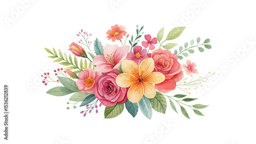 Watercolor floral composition with delicate pink and white peonies, lush roses, and vibrant greenery on a clean white background, ideal for wedding and greeting card designs.