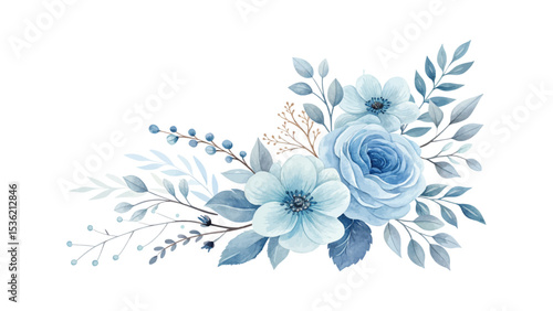 Watercolor flower arrangement featuring jasmine flowers, leafy greenery branches, and botanical elements for wedding stationery, invitations, greeting cards, and design decor.