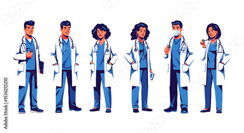 Illustration of a group of six doctors standing in a row wearing scrubs and white coats smiling