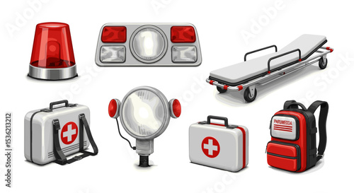 A collection of medical emergency equipment including lights, first aid kits and a stretcher bed