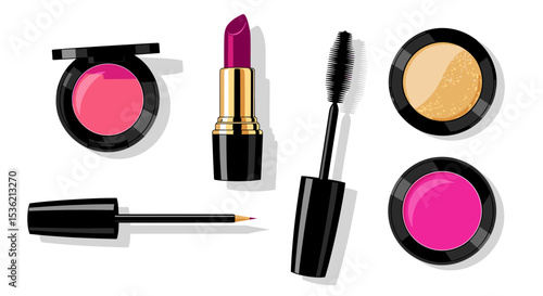 Assortment of makeup products including lipstick mascara eyeliner and blush on a white background view