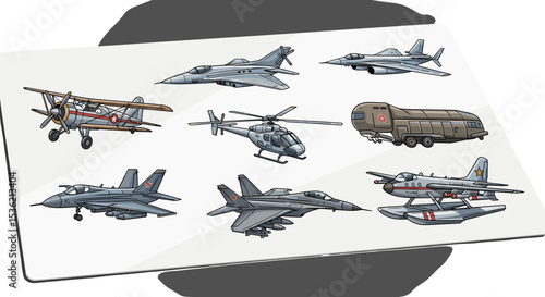 Collection of various aircraft including fighter jets biplane helicopter and transport vehicle displayed
