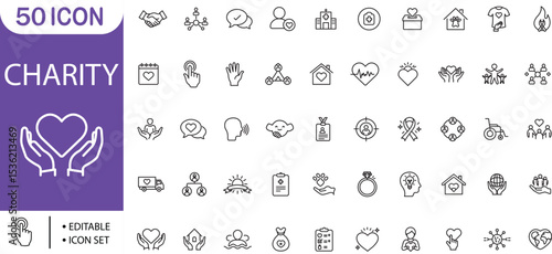 Charity and Donation Icon Set. Love, Care, Help, Support, Volunteer, Health

