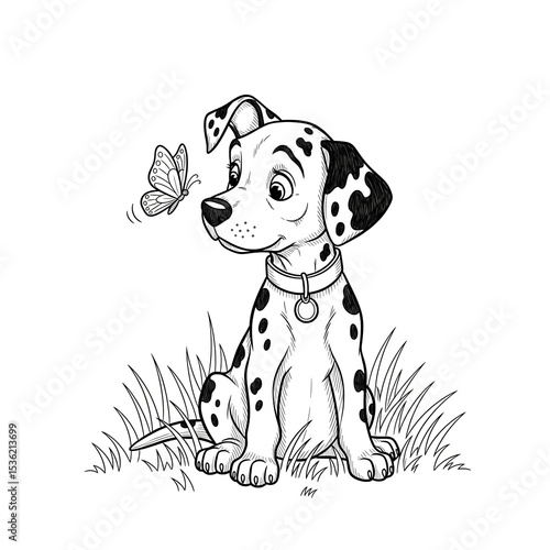 Adorable Dalmatian Puppy Cartoon Illustration, Sitting In Grass, Watching Butterfly