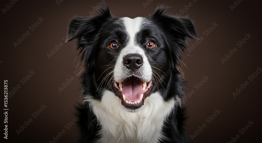 A close-up portrait of a happy, smiling Border Collie dog. A close-up portrait of a happy, smiling Border Collie dog.