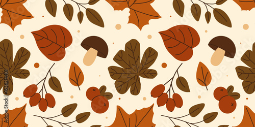 Autumn seamless pattern with berries, mushrooms and colorful leaves. Perfect for fall print, fabric, textile, material and more. Vector illustration
