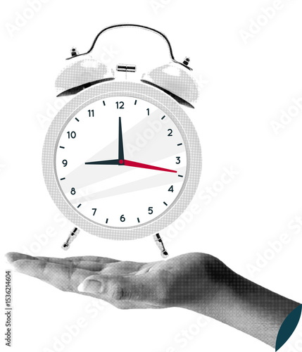 Halftone hand and alarm clock. Pop art style modern collage