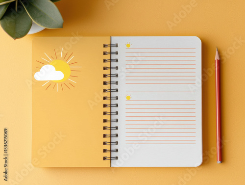 spiral notebook featuring a sun and cloud design lies open next to a red pencil and a small plant on a yellow surface.