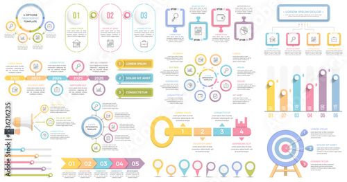 Colorful infographic design elements including charts, diagrams, timelines, icons, and data visualization components for presentations, vector eps10 illustration