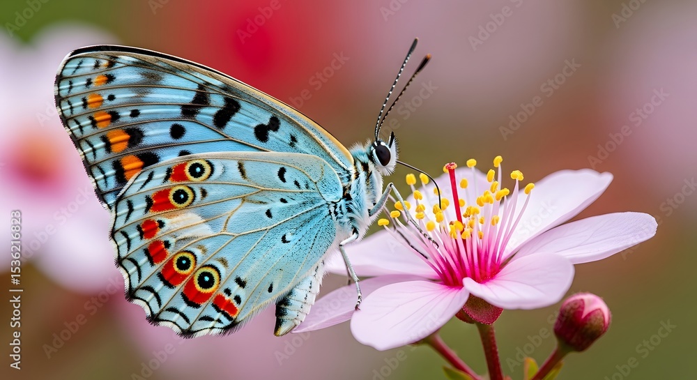 Obraz premium butterfly on pink flower.Delicate Turquoise Butterfly Perched on a Pink Blossom: A Macro View.
