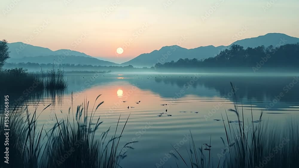 Peaceful Sunrise Over Misty Lake with Mountain Reflections and Tranquil Atmosphere Peaceful Sunrise Over Misty Lake with Mountain Reflections and Tranquil Atmosphere