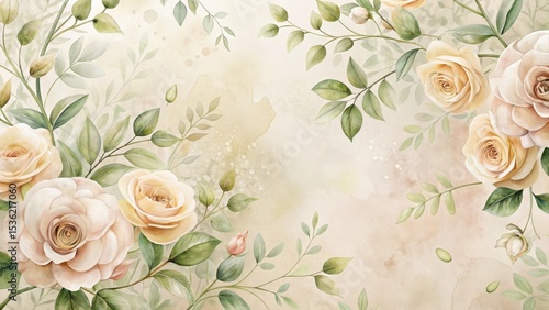 Elegant Watercolor Roses and Greenery on Soft Beige Background A Delicate Floral Design for Home Decor