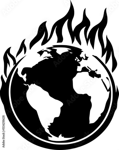 Black Silhouette Vector of Burning Earth Planet Crisis