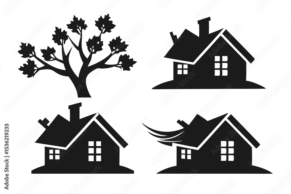Fototapeta premium Falling Tree on House silhouette vector illustration