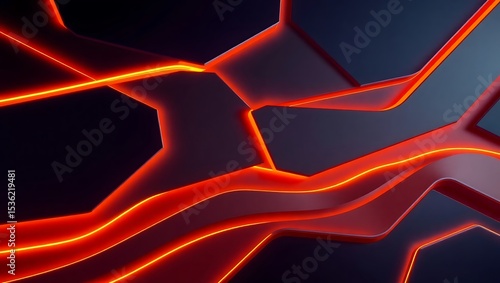 Deep navy 3D panels with glowing orange contours, energetic contrast, abstract modern tech style – ideal for digital products