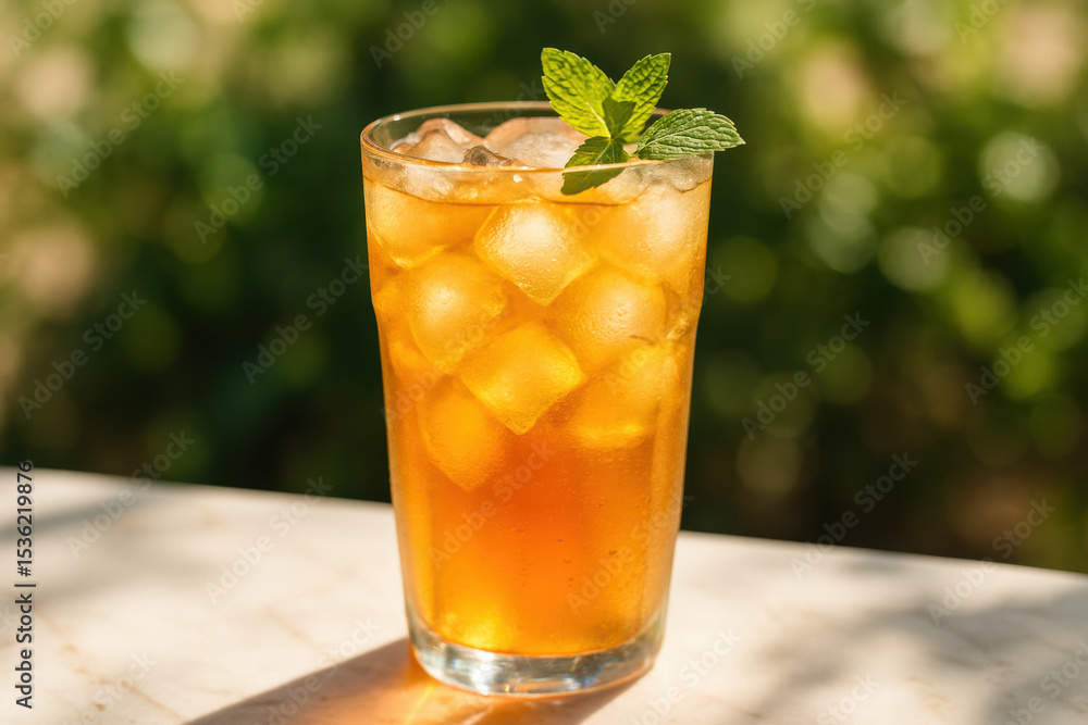 Refreshing glass of iced tea garnished with fresh mint leaves on a sunny day, vibrant cold beverage for summer hydration outdoors Refreshing glass of iced tea garnished with fresh mint leaves on a sunny day, vibrant cold beverage for summer hydration outdoors
