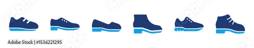 Shoes icon collection showing sneaker, boot, loafer, casual, sports, and running styles in modern solid design with blue accent
