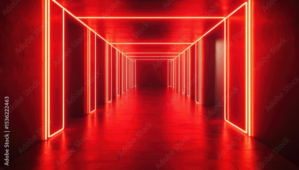 Fototapeta premium Glowing red neon lights in a dark, empty, futuristic corridor background, an AI generative technology concept.