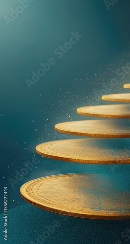 Golden tiered platform on teal backdrop