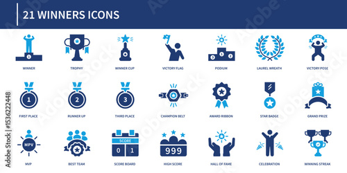 Winners icon collection in modern solid style featuring champion, trophy, medal, podium, award, badge, celebration, hall of fame, and recognition symbols