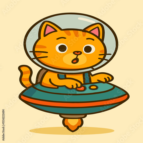 A curious cartoon cat sits inside a tiny spaceship, wearing a space helmet and pressing buttons with one paw, looking amazed and full of wonder.