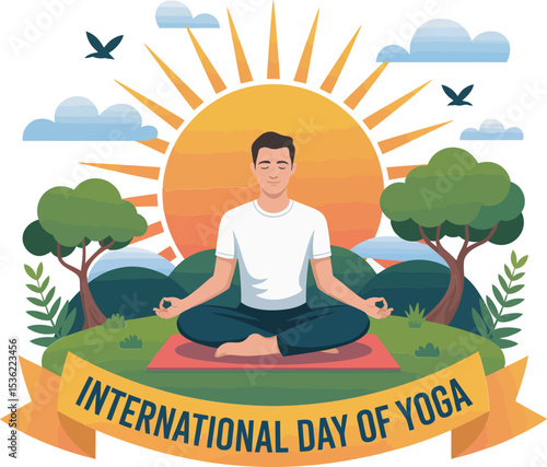 Peaceful young man in outdoor yoga posture with nature background and themed international yoga message  