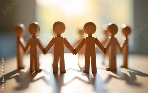 Wooden figurines holding hands in a circle, symbolizing unity, teamwork, and community in a brightly lit environment with a blurred background. High quality